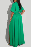 Зеленое модное повседневное однотонное платье-рубашка с отложным воротником и поясом