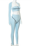 Blau Sexy Sportbekleidung Patchwork ausgehöhlt rückenfrei asymmetrisch eine Schulter Langarm zweiteilig