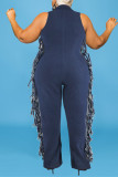 Macacão azul fashion casual com borla sólida rasgada com zíper e tamanho grande