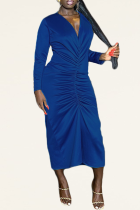 Vestidos de falda de lápiz con cuello en V de patchwork sólido sexy azul