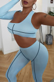 Blå sexiga sportkläder lapptäcke urholkat rygglös asymmetrisk en axel lång ärm i två delar