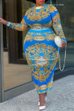 Синяя повседневная юбка с принтом Make Old с круглым вырезом и одной ступенькой Платья больших размеров (без пояса)