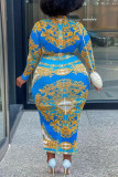 Синяя повседневная юбка с принтом Make Old с круглым вырезом и одной ступенькой Платья больших размеров (без пояса)