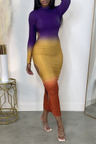 Фиолетовые сексуальные постепенные изменения с принтом и выдолбленными лоскутными платьями с круглым вырезом и юбкой на один шаг