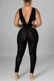 Black Sexy Print Hollowed Out See-through Backless V Neck Skinny Jumpsuits