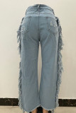 Light Color Street Solid Tassel Ripped Hollowed Out Patchwork High Waist Loose Denim Jeans