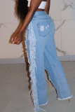 Светлые уличные однотонные свободные джинсовые джинсы с кисточками и рваными вырезами в стиле пэчворк с высокой талией