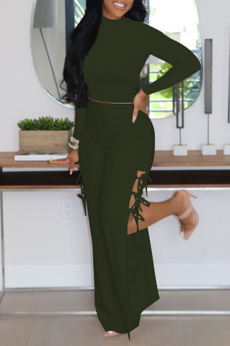 Green Casual Solid Patchwork Frenulum Slit O Neck Long Sleeve Two Pieces