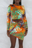 Colour Sexy Print Hollowed Out Patchwork O Neck Long Sleeve Two Pieces