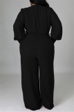 Monos de talla grande con cuello en V de vendaje sólido casual de moda negro