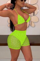 Флуоресцентный зеленый модный сексуальный сетчатый купальник с блестками