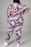 Rosafarbener, lässiger Patchwork-Kapuzenkragen mit Camouflage-Print und zweiteiliger Hose in Übergröße