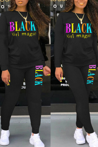 Black Casual Print Patchwork O Neck Long Sleeve Two Pieces