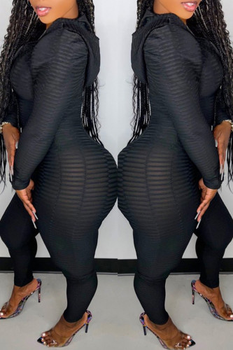 Black Casual Sportswear Patchwork Zipper Hooded Collar Long Sleeve Two Pieces