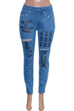 Blue Fashion Casual Letter Print High Waist Regular Skinny Ripped Denim Jeans