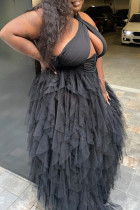 Черное сексуальное прозрачное длинное платье в стиле пэчворк больших размеров с открытой спиной