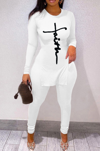 White Casual Print Patchwork O Neck Long Sleeve Two Pieces
