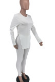 White Casual Solid Patchwork Slit Asymmetrical O Neck Long Sleeve Two Pieces