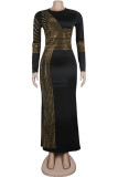 Gold Fashion Sexy Solid Slit Hot Drill O Neck Swagger Jurken