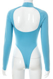 Blå Sexig Brevtryck Patchwork O-hals Skinny Bodysuits