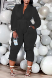Zwarte Casual Solid Patchwork Rits Kraag Plus Size Jumpsuits