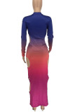 Diepblauwe sexy geleidelijke verandering print uitgeholde patchwork o-hals one-step rokjurken