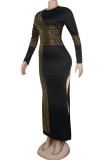 Gold Fashion Sexy Solid Slit Hot Drill O Neck Swagger Kleider