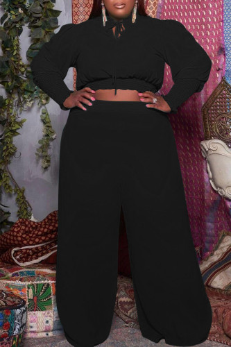 Black Casual Solid Patchwork Frenulum O Neck Plus Size Two Pieces