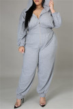 Grey Fashion Casual Print Patchwork Zipper Hooded Collar Plus Size Jumpsuits