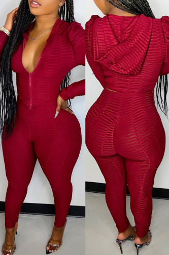 Red Casual Sportswear Patchwork Zipper Hooded Collar Long Sleeve Two Pieces
