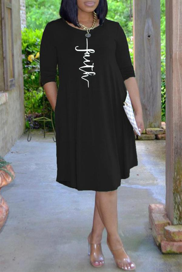 ブラック カジュアル プリント パッチワーク O ネック ケーキ スカート ドレス