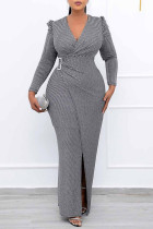 Grey Fashion Casual Solid Split Joint Slit V Neck Evening Dress