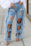 Jeans in denim larghi a vita alta patchwork scavati strappati con nappe solide da strada di colore chiaro