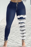 Tiefblaue Mode Lässig Patchwork Knöpfe Reißverschluss Plus Size Jeans