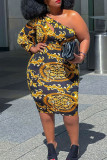 Golden Yellow Sexy Print Hollowed Out Patchwork Oblique Collar A Line Plus Size Dresses