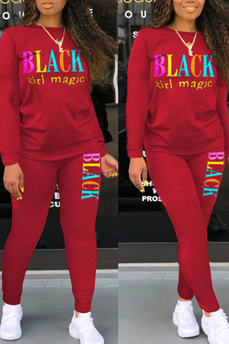 Burgundy Casual Print Patchwork O Neck Long Sleeve Two Pieces