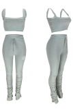 Grey Sexy Solid Ripped Off the Shoulder Sleeveless Two Pieces