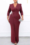 バーガンディ ファッション カジュアル ソリッド パッチワーク スリット V ネック イブニング ドレス