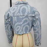 Baby Blue Street Print Patchwork Buckle Turndown Collar Long Sleeve Loose Denim Jacket