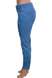 Blue Fashion Casual Letter Print Ripped High Waist Regular Denim Jeans