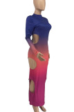 Фиолетовые сексуальные постепенные изменения с принтом и выдолбленными лоскутными платьями с круглым вырезом и юбкой на один шаг