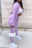 Cardigan uni décontracté à la mode violet clair, col à capuche, manches longues, deux pièces
