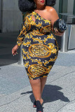 Golden Yellow Sexy Print Hollowed Out Patchwork Oblique Collar A Line Plus Size Dresses