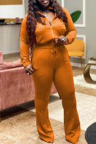 Orange Mode Casual Solid Basic Dragkedja Plus Size Two Pieces