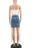 Blue Casual Solid Patchwork Chains Regular Denim Skirts