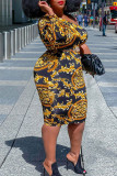 Goudgele sexy print uitgeholde patchwork schuine kraag A-lijn plus size jurken