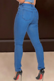 Blue Fashion Casual Letter Print High Waist Regular Skinny Ripped Denim Jeans