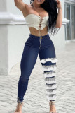 Tiefblaue Mode Lässig Patchwork Knöpfe Reißverschluss Plus Size Jeans