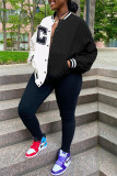Black And White Fashion Casual Letter Print Patchwork Conventional Collar Outerwear