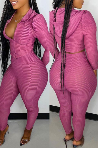 Pink Purple Casual Sportswear Patchwork Zipper Hooded Collar Long Sleeve Two Pieces